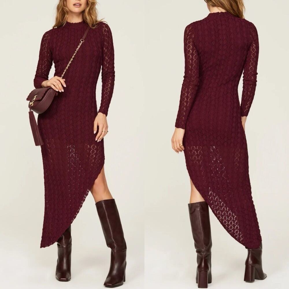 rtr Something Navy  XS Maroon Asymmetric Long Sleeve Crochet Knit Sweater Dress